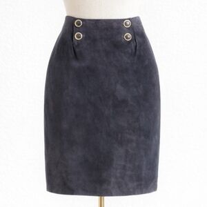 Vintage 80s CEDARS Navy Blue Suede Leather Pencil Skirt High Waisted Buttons XXS